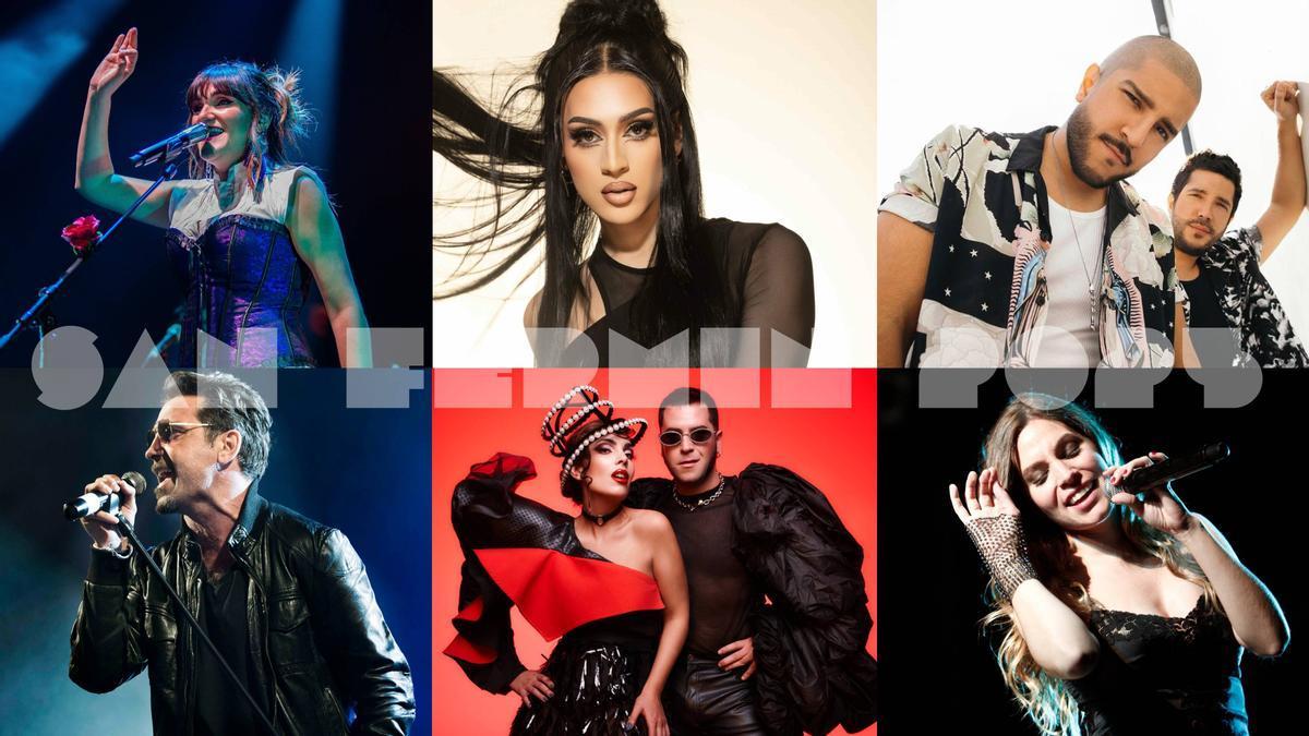 Arriba, Rozalén, Villano Antillano y Cali y El Dandee; abajo, OBK, Ladilla Rusa y Leire Martínez, protagonistas de la oferta musical de los Sanfermines 2025. D.N.