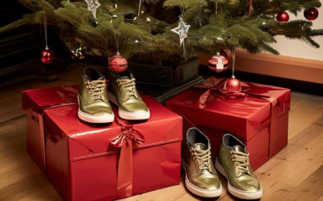 Dos pares de zapatos junto a dos cajas de regalo debajo del árbol de Navidad. Dos pares de zapatos junto a dos cajas de regalo debajo del árbol de Navidad.